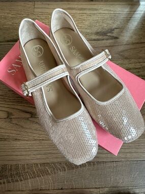 Sam & Libby Pink Sequin Mary Jane Flats with Gold Buckle